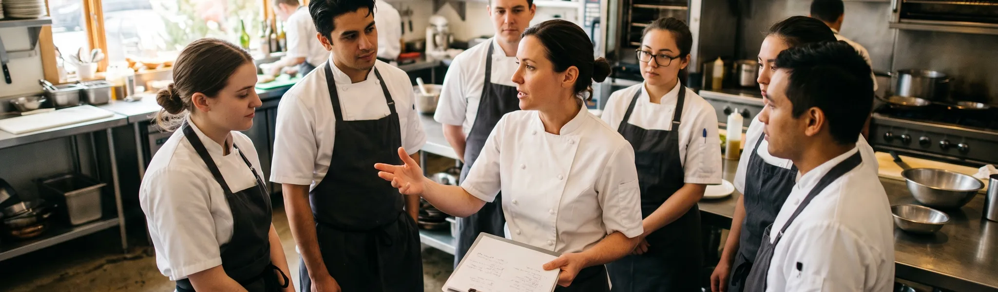 Food safety team huddle in a commercial kitchen