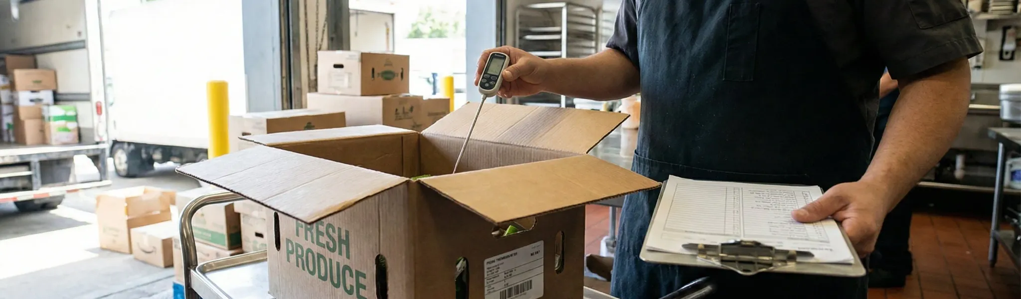 Kitchen staff checking temperature of chilled delivery with a probe thermometer at the back door