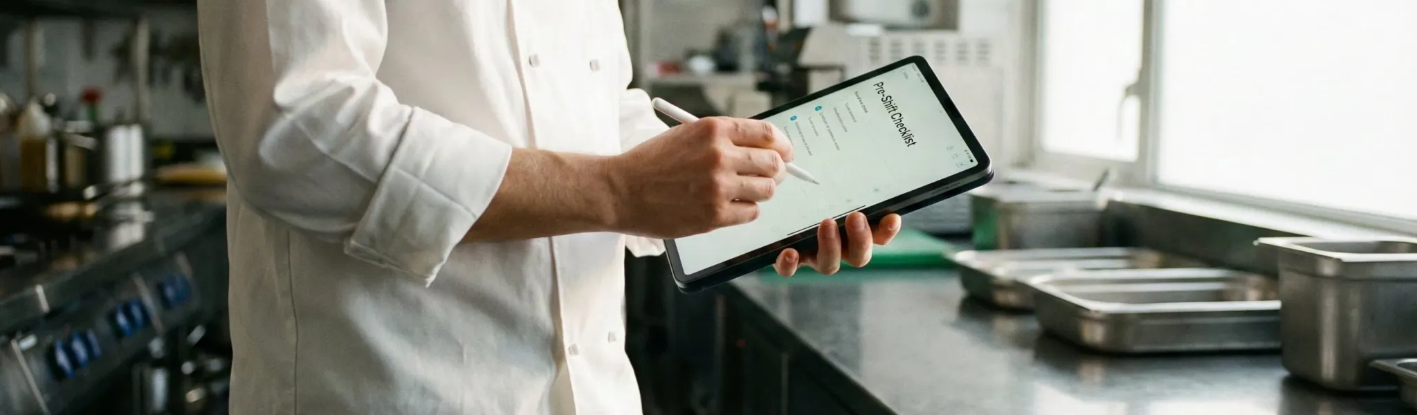 Chef completing opening checks on a digital tablet in a commercial kitchen at the start of service