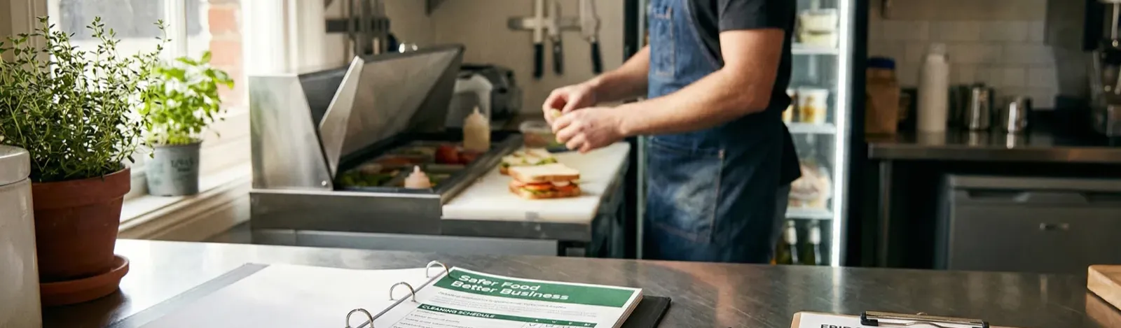 Restaurant owner filling in the Safer Food Better Business diary in a cafe kitchen
