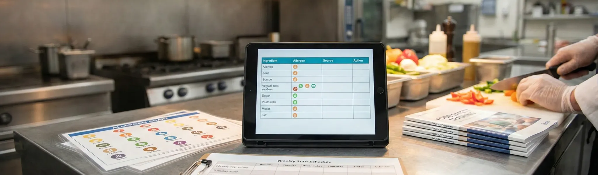 Food safety management dashboard showing allergen tracking, wastage logs, and staff scheduling