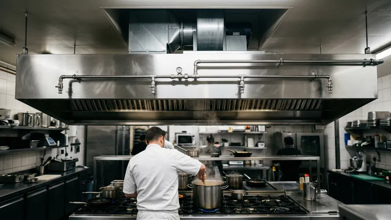 Commercial kitchen fire suppression system installed above a cooking range