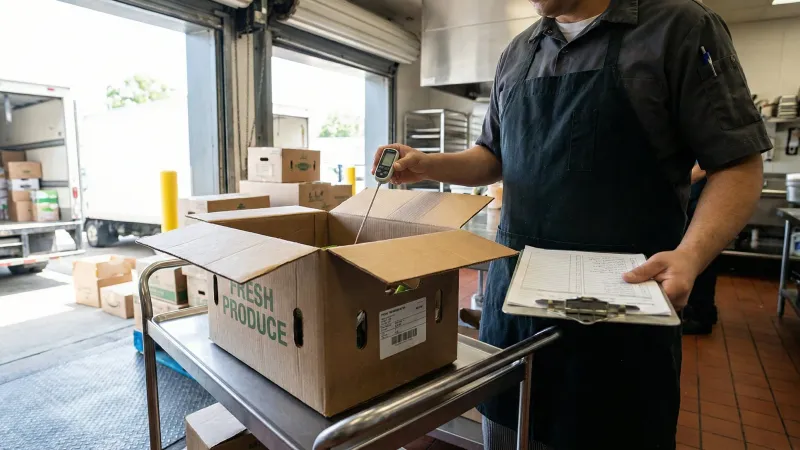 Kitchen staff checking temperature of chilled delivery with a probe thermometer at the back door