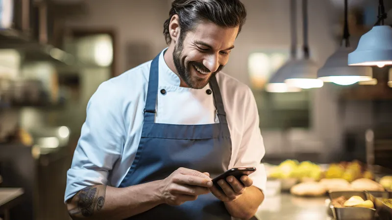 Chef reviewing restaurant management information on digital device