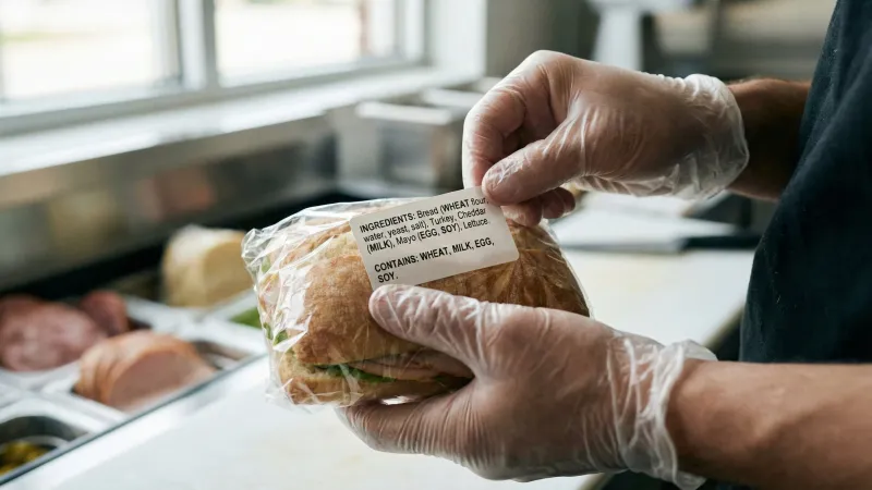 Food label showing allergen information for prepacked for direct sale PPDS product