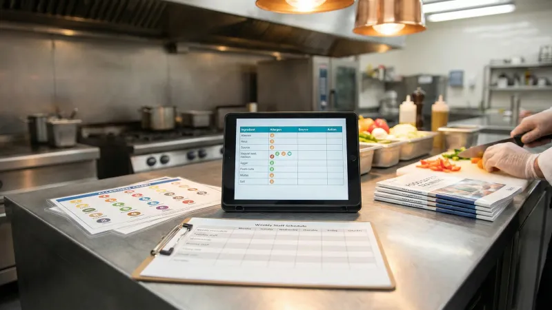 Food safety management dashboard showing allergen tracking, wastage logs, and staff scheduling
