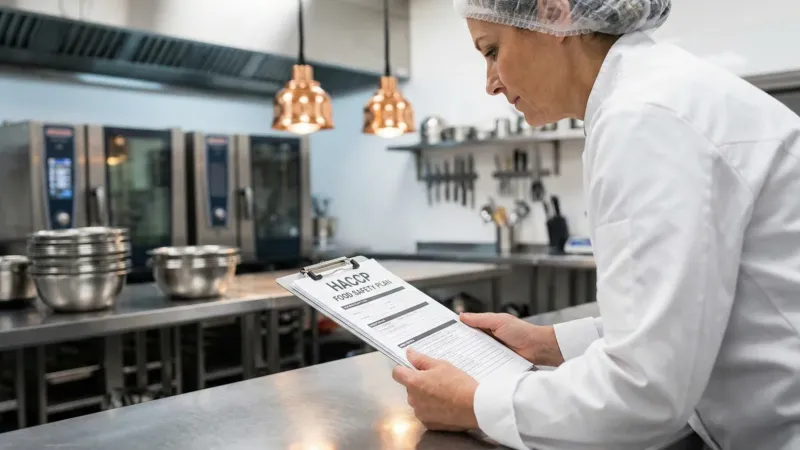 Chef reviewing HACCP food safety documentation in a commercial kitchen
