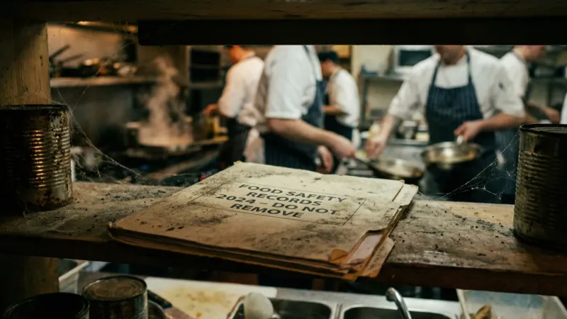 Empty SFBB diary and temperature logs on a restaurant kitchen shelf