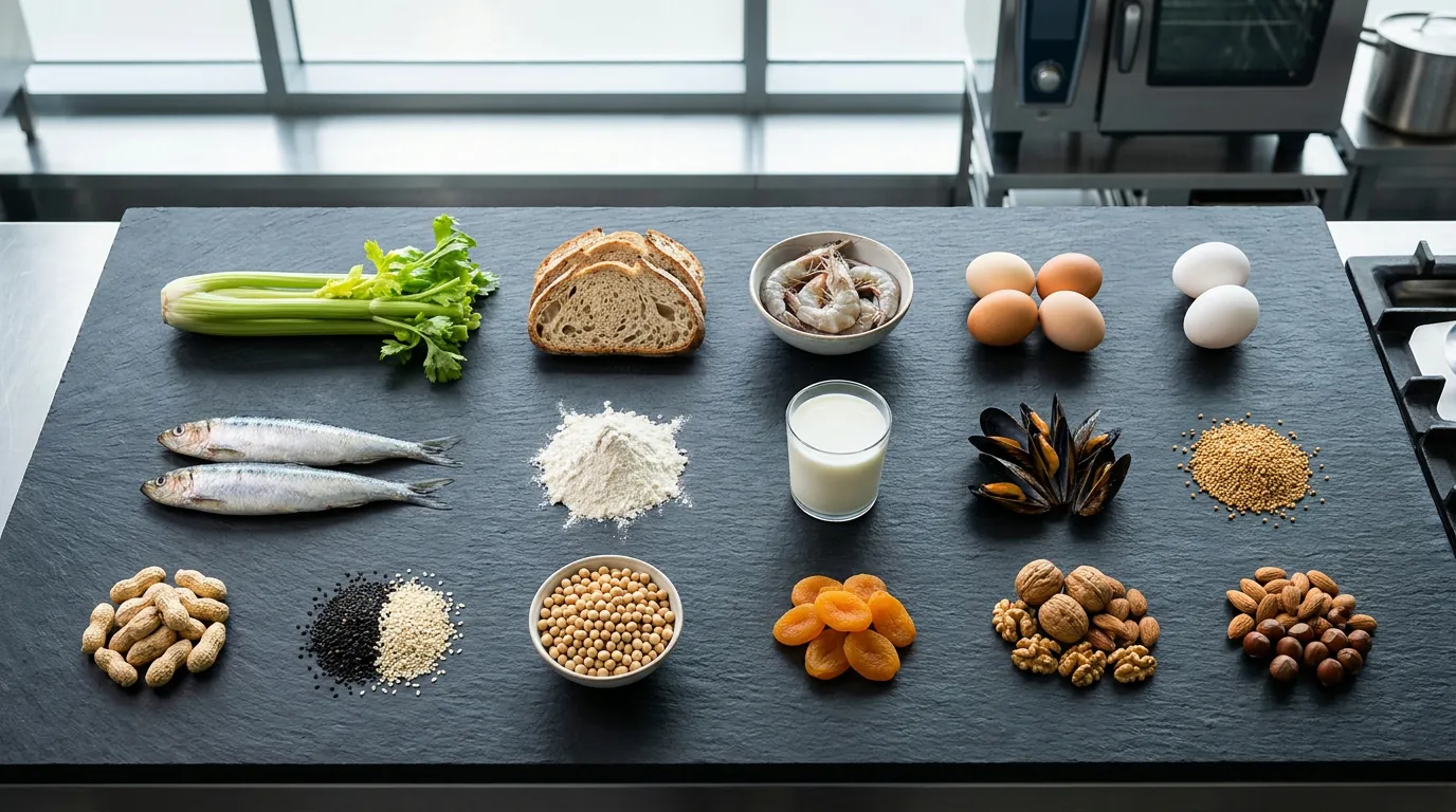 The 14 regulated UK food allergens laid out as a labelled grid — celery, gluten, crustaceans, eggs, fish, lupin, milk, molluscs, mustard, peanuts, sesame, soya, sulphites and tree nuts