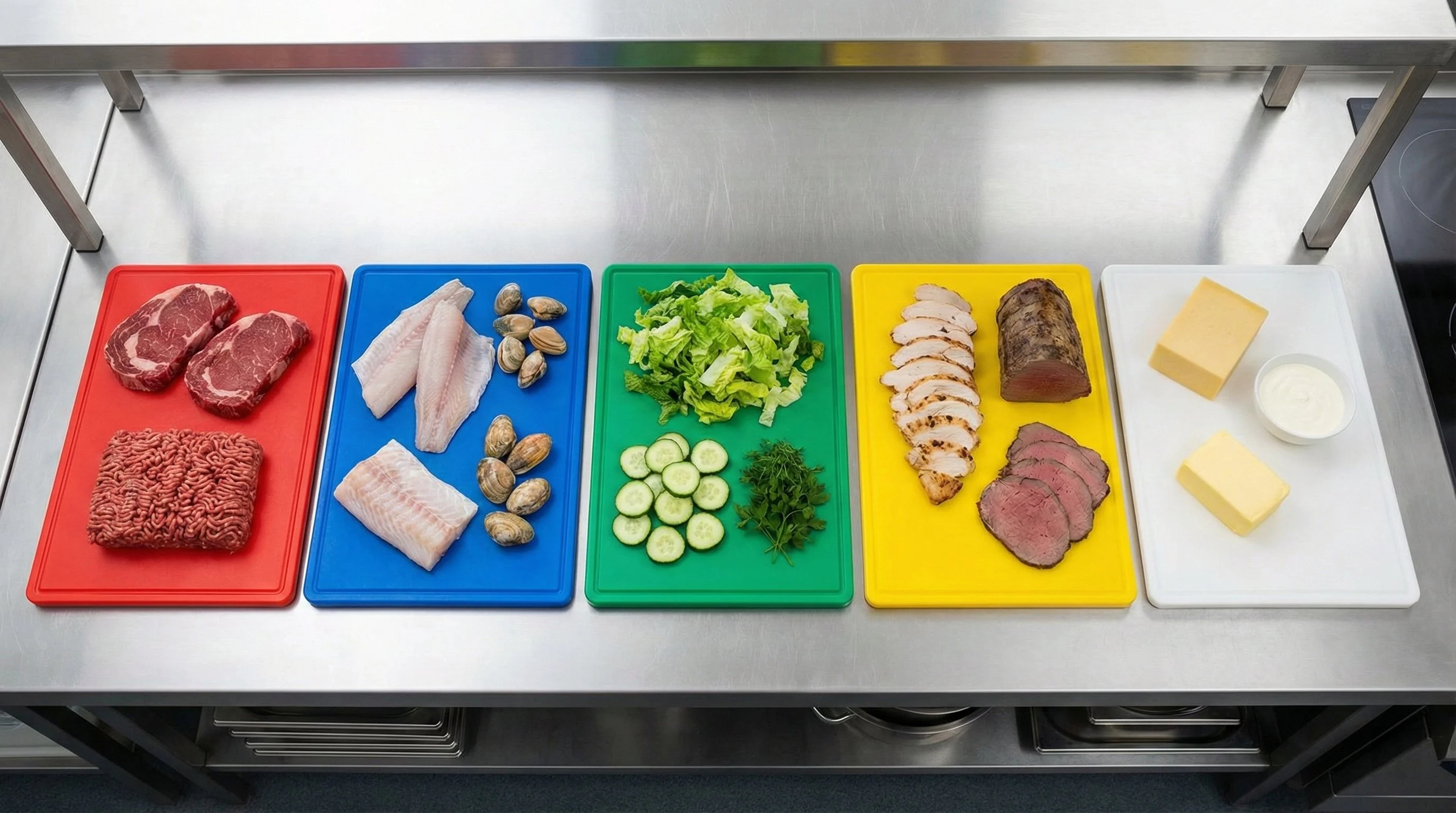 Chef using colour-coded chopping boards in a commercial kitchen to prevent cross-contamination
