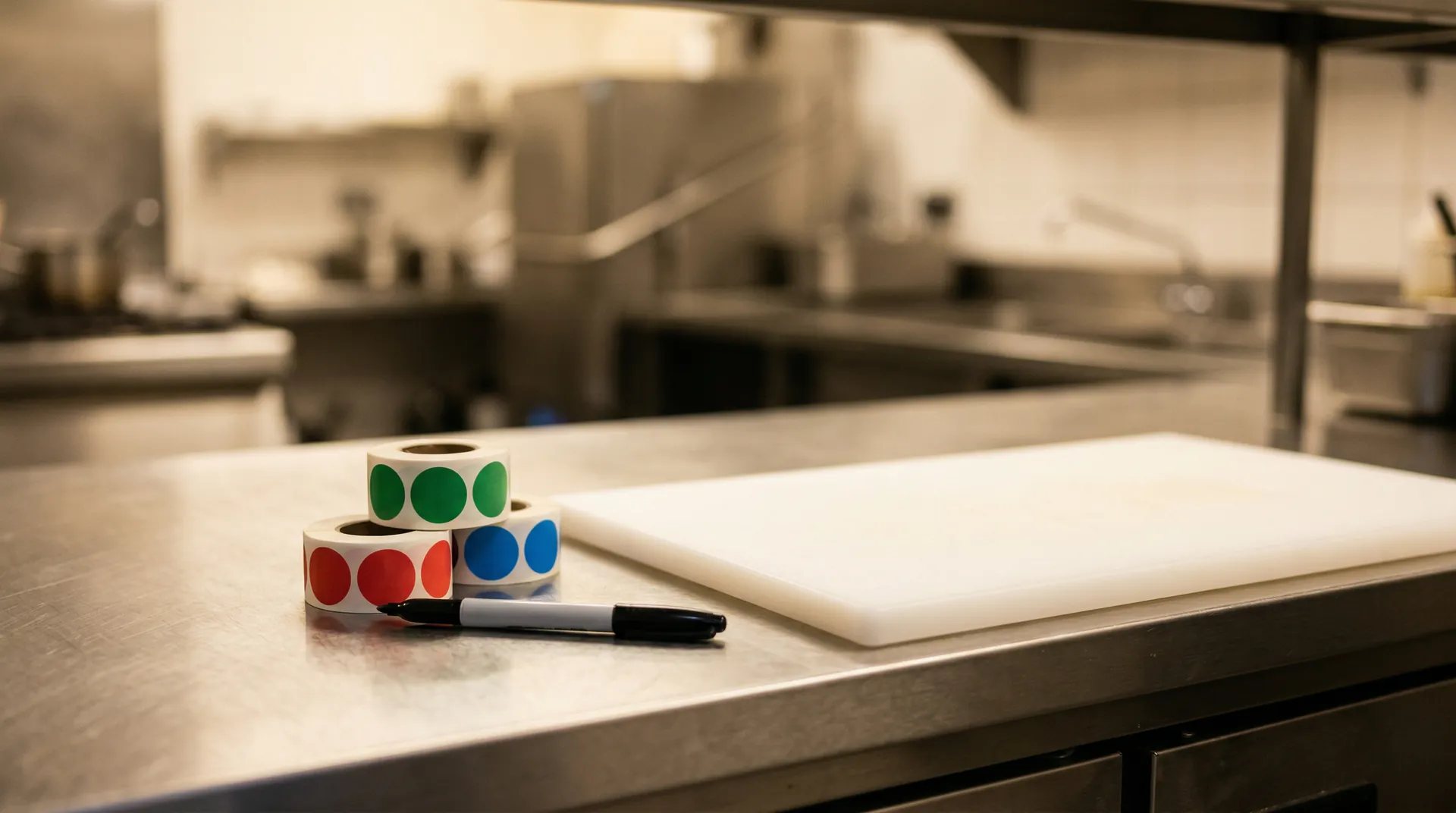 Commercial kitchen with date-labelled food containers stored correctly in a refrigerator