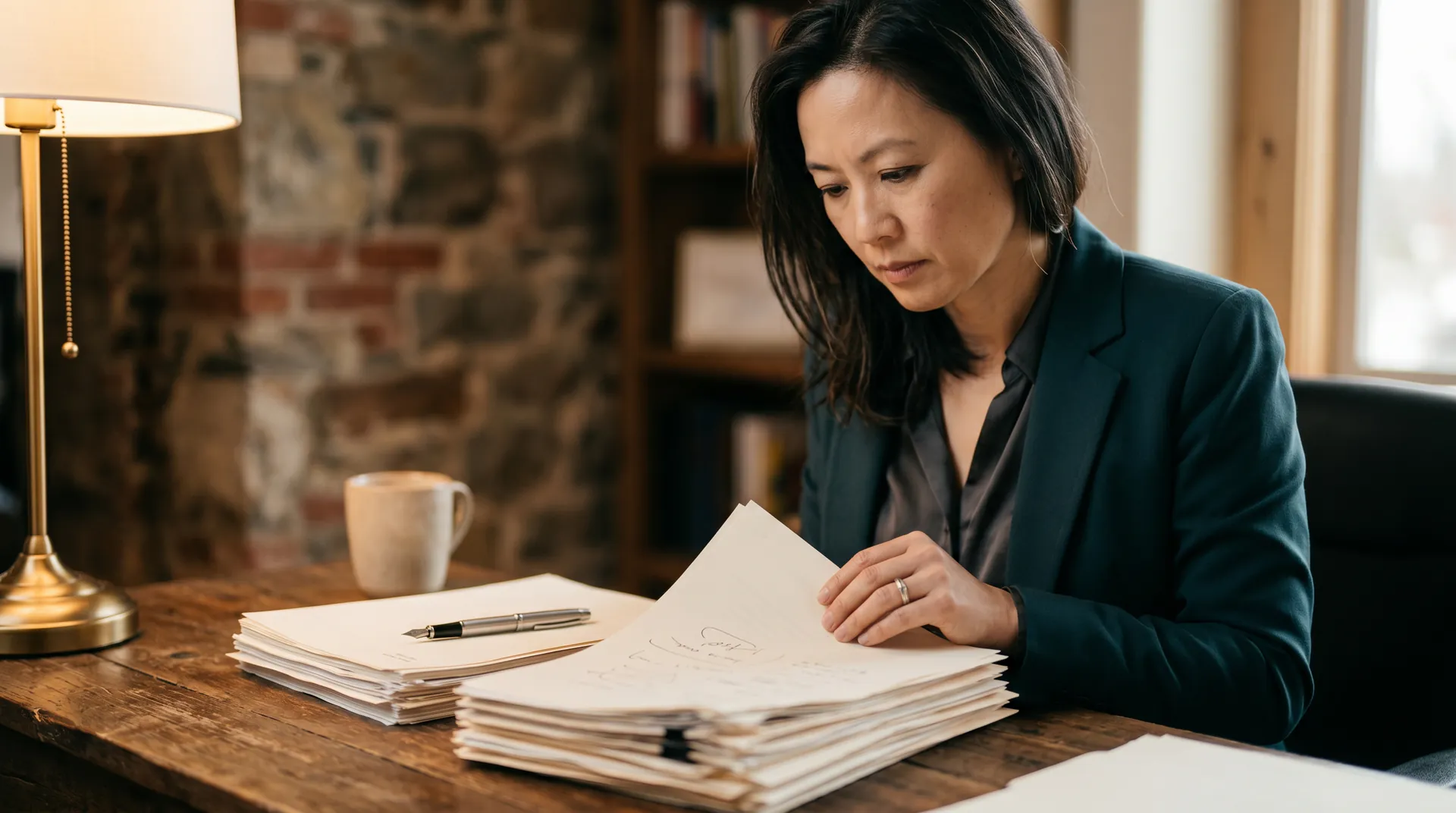 Food business owner reviewing due diligence records with a legal adviser