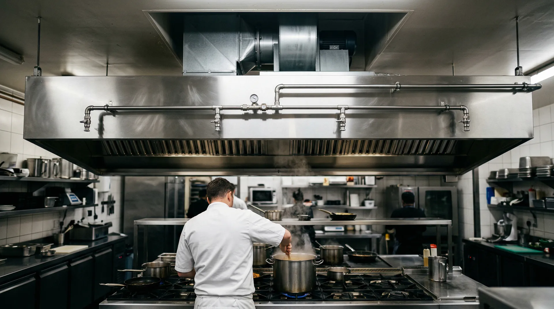 Commercial kitchen fire suppression system installed above a cooking range