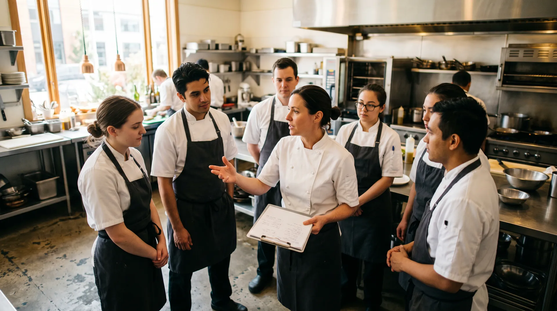 Food safety team huddle in a commercial kitchen