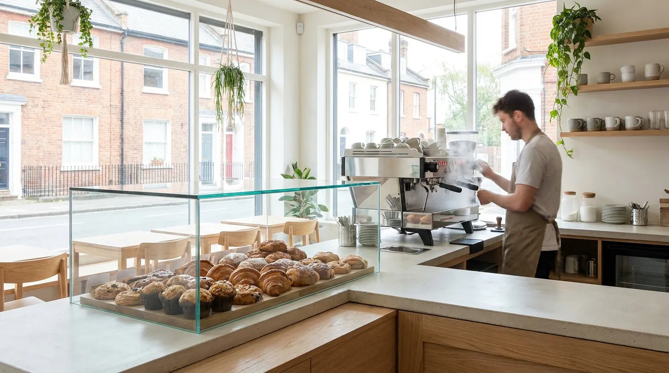 Barista behind the counter of a UK café with sandwiches and cakes in a chilled display cabinet