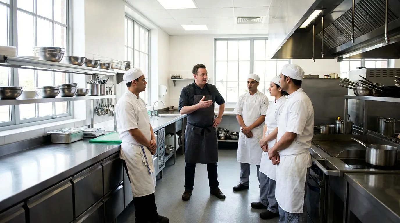 Food handler completing food hygiene training in a UK commercial kitchen
