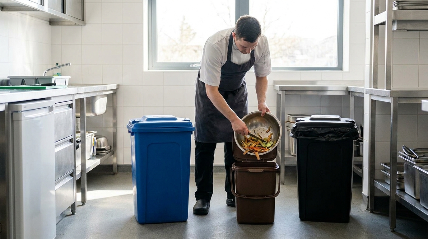 Commercial kitchen food waste caddy beside separated recycling and general waste bins
