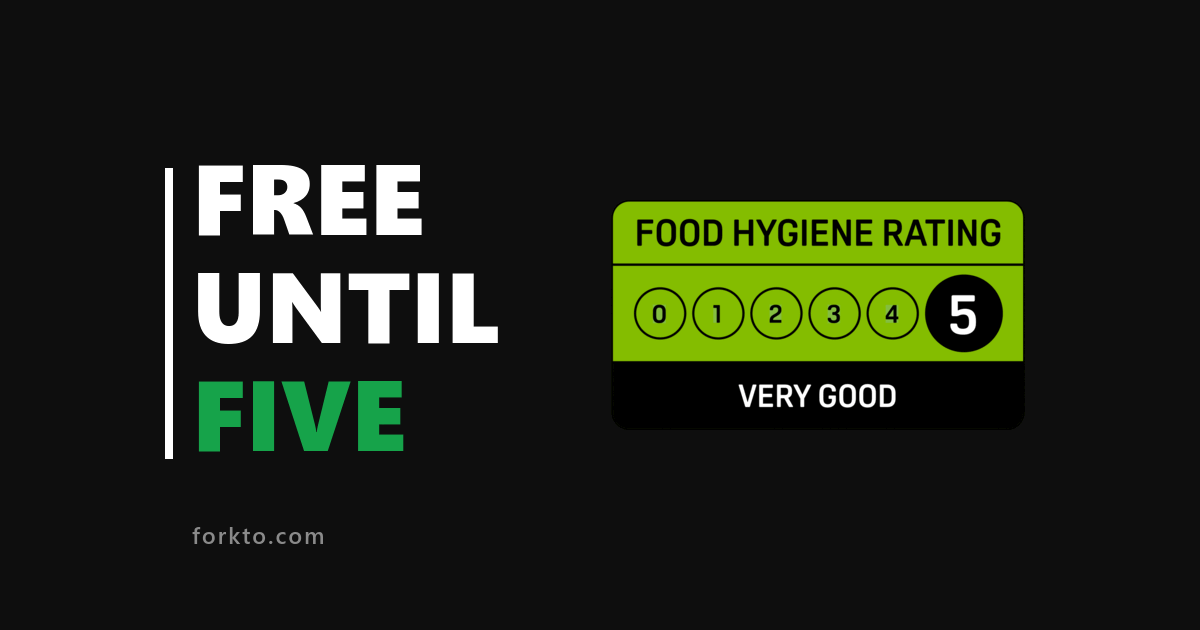 Free Until Five wordmark beside the official FHRS 5 rating badge on black — Forkto free until you are rated 5