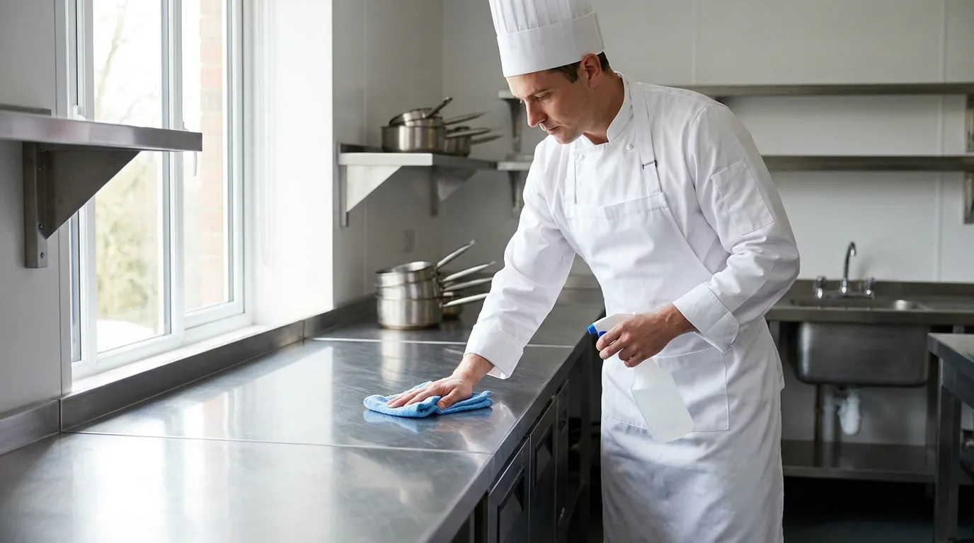 Chef cleaning and disinfecting a stainless steel work surface in a UK commercial kitchen