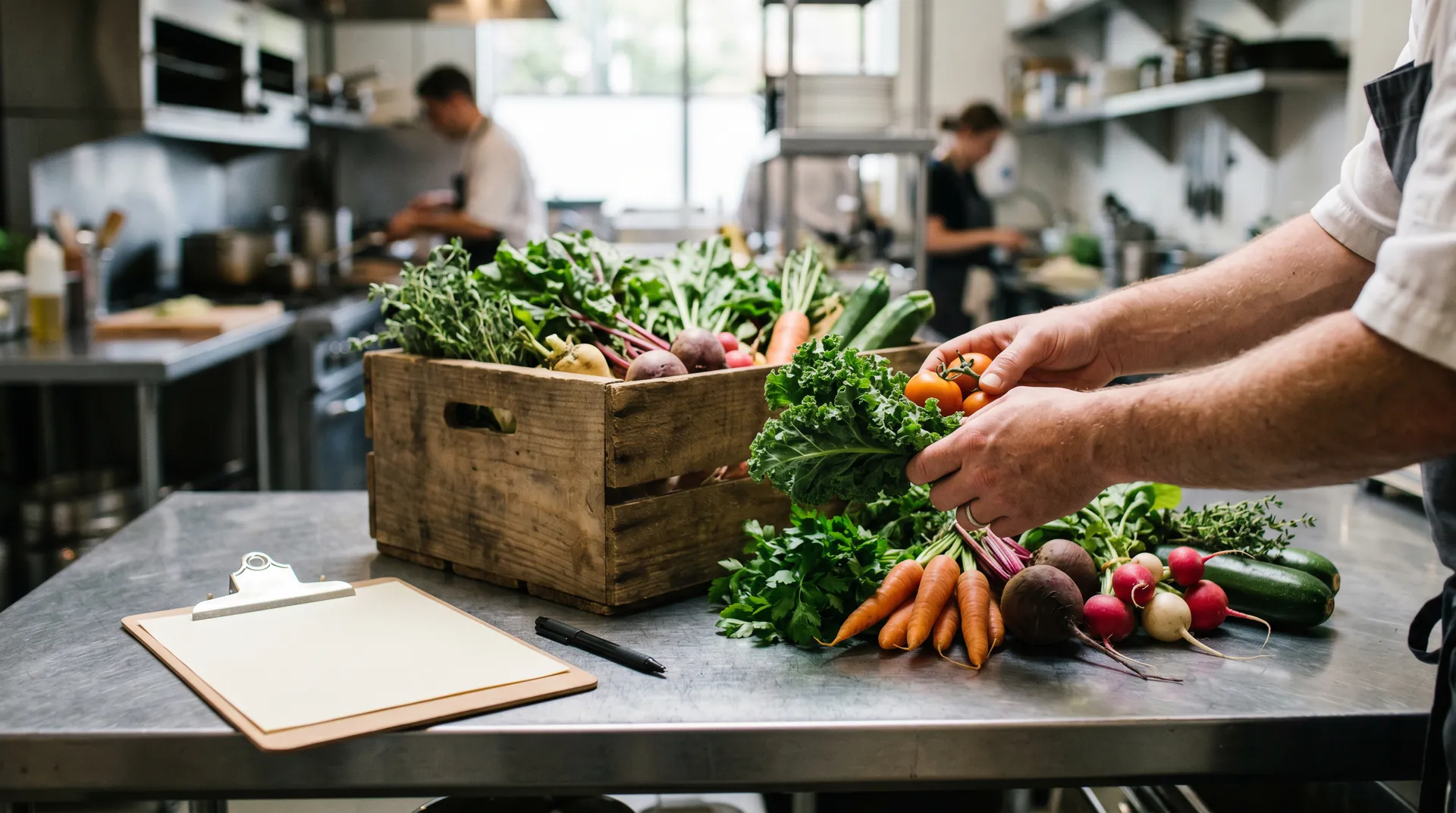 Restaurant owner reviewing supplier specifications and food delivery documentation