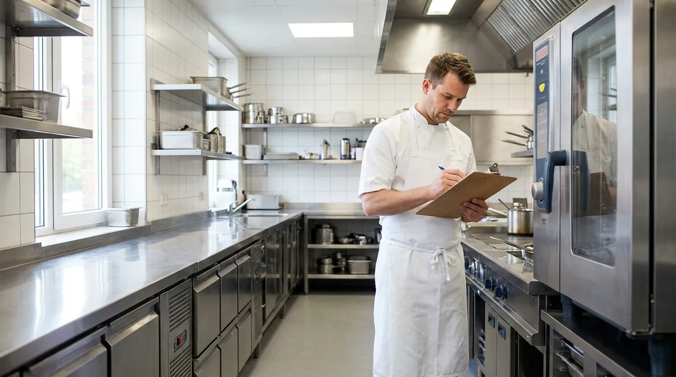 Chef completing a HACCP plan and temperature log in a UK commercial kitchen