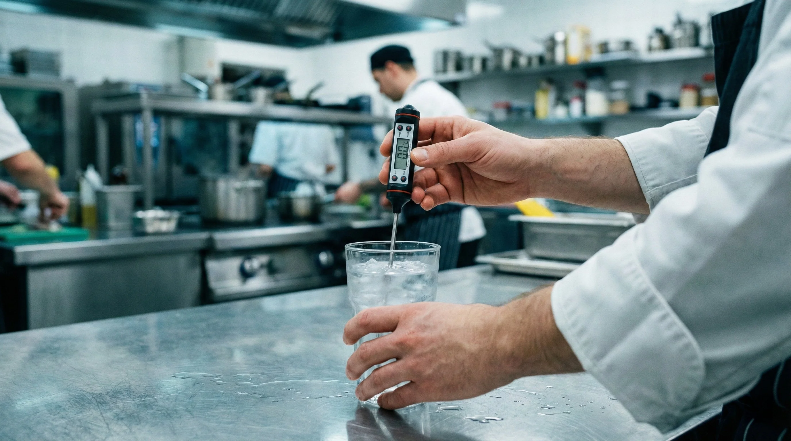 A probe thermometer being calibrated in a glass of ice water