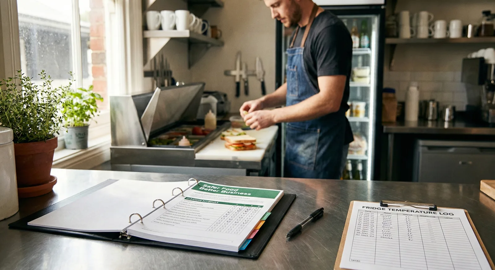 Restaurant owner filling in the Safer Food Better Business diary in a cafe kitchen