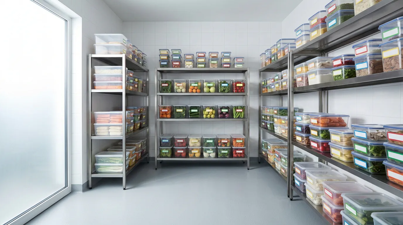 Labelled stock rotated First-In, First-Out on walk-in fridge shelves in a UK commercial kitchen