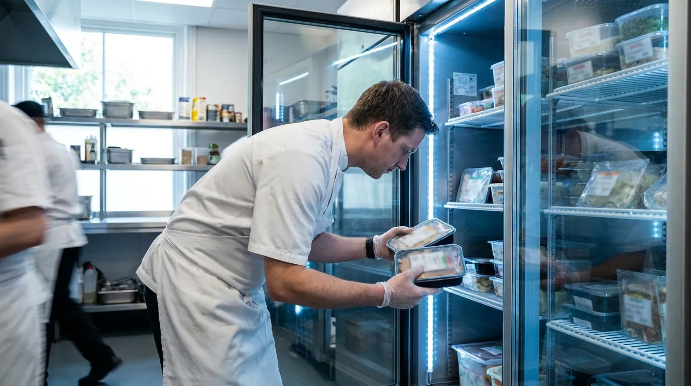Two food labels side by side — a red use-by date marked as a safety deadline and a best before date marked as a quality guide