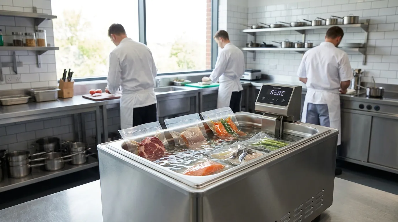 Chef vacuum sealing food before sous-vide cooking in a UK commercial kitchen