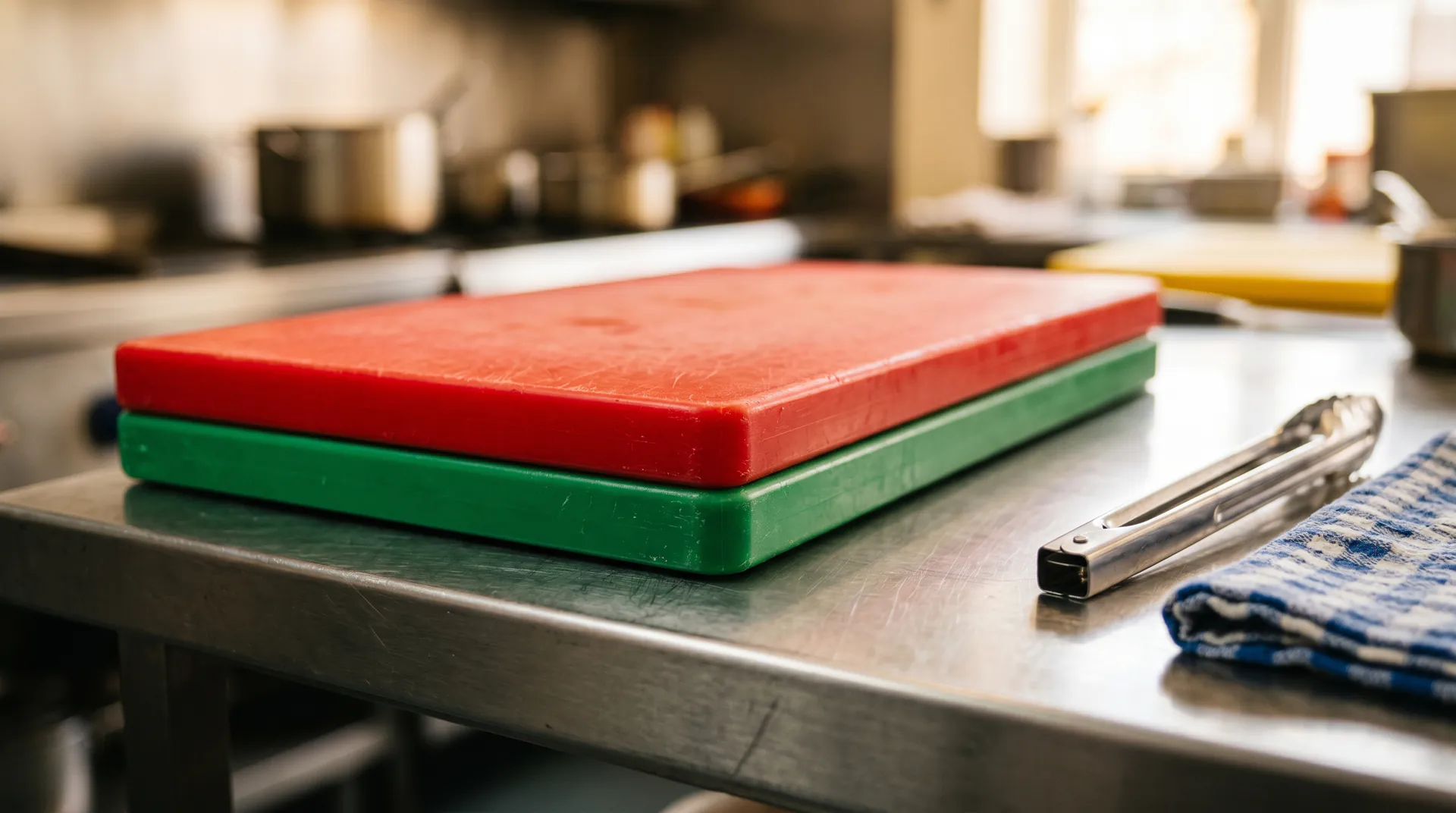 Colour-coded chopping boards in a UK commercial kitchen preventing cross contamination