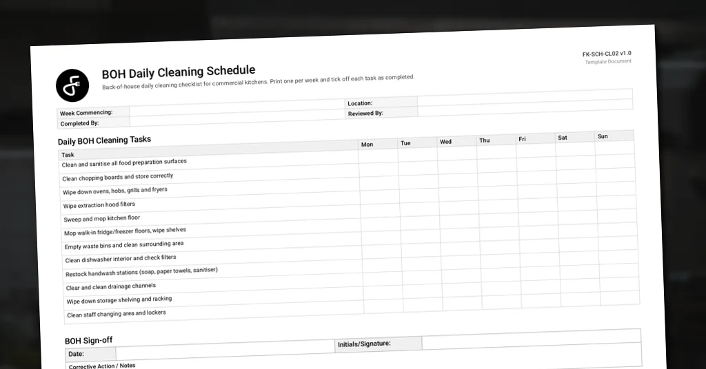 BOH Daily Cleaning Schedule