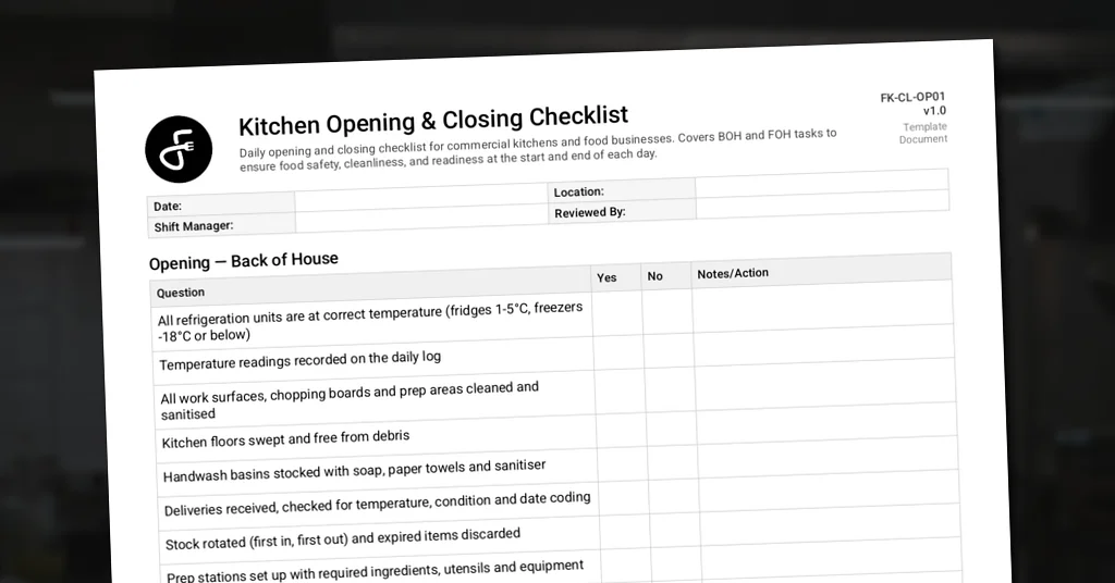 Kitchen Opening & Closing Checklist
